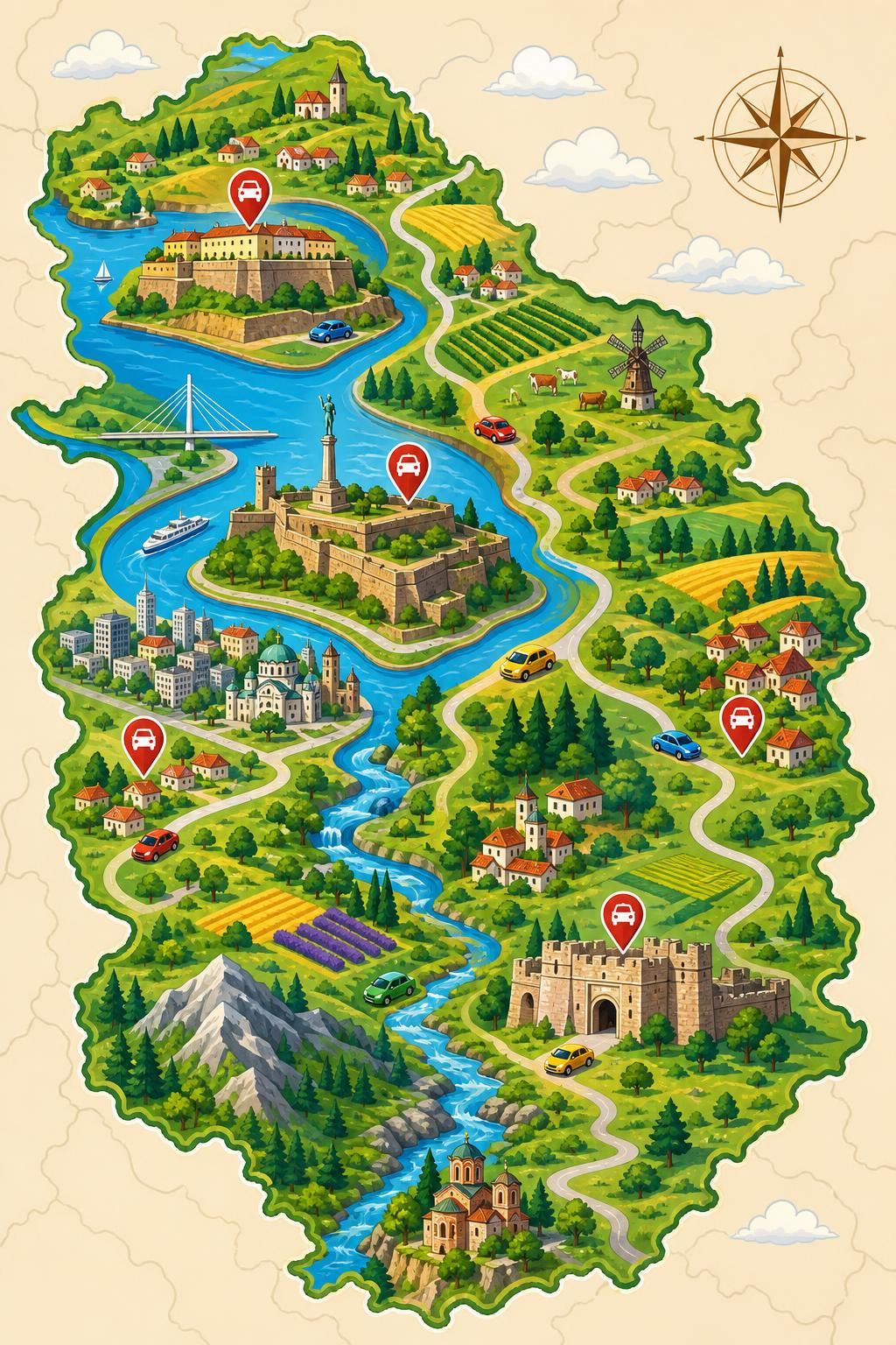 Illustrated map of car hire locations across Serbia